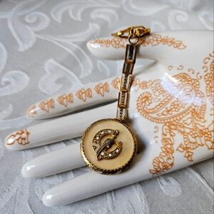 Vintage Damascene Mother of Pearl Gold Tone Keychain FOB